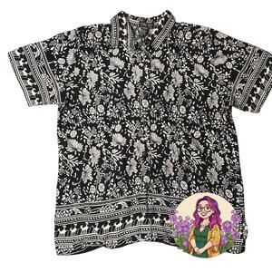 VTG Studio Basic Black White Floral Deer Border Print Rayon Blouse Size L